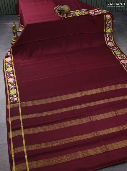 Pure mysore silk saree dark magenta pink with plain body and zari woven embroidery cut work border