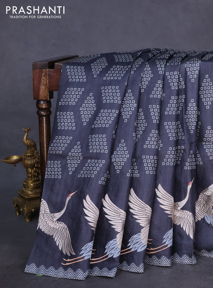 Pure tussar silk saree elephant grey with allover geometric prints and bird design embroidery work border