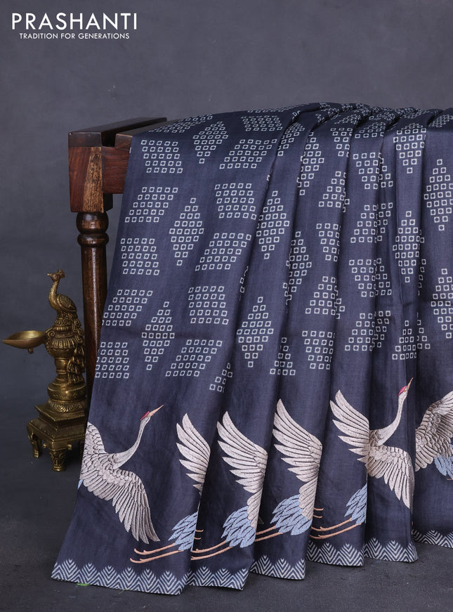 Pure tussar silk saree elephant grey with allover geometric prints and bird design embroidery work border