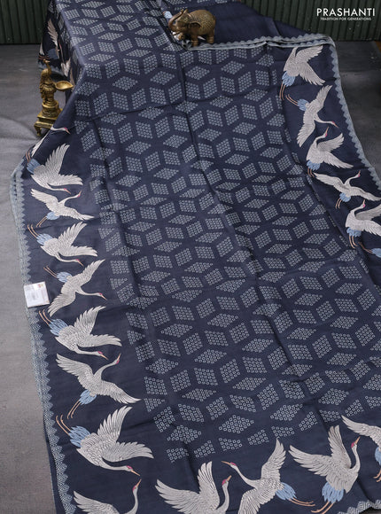 Pure tussar silk saree elephant grey with allover geometric prints and bird design embroidery work border