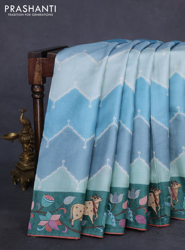 Pure tussar silk saree multi colour and green with allover zig zag ikat prints and pichwai embroidery work border