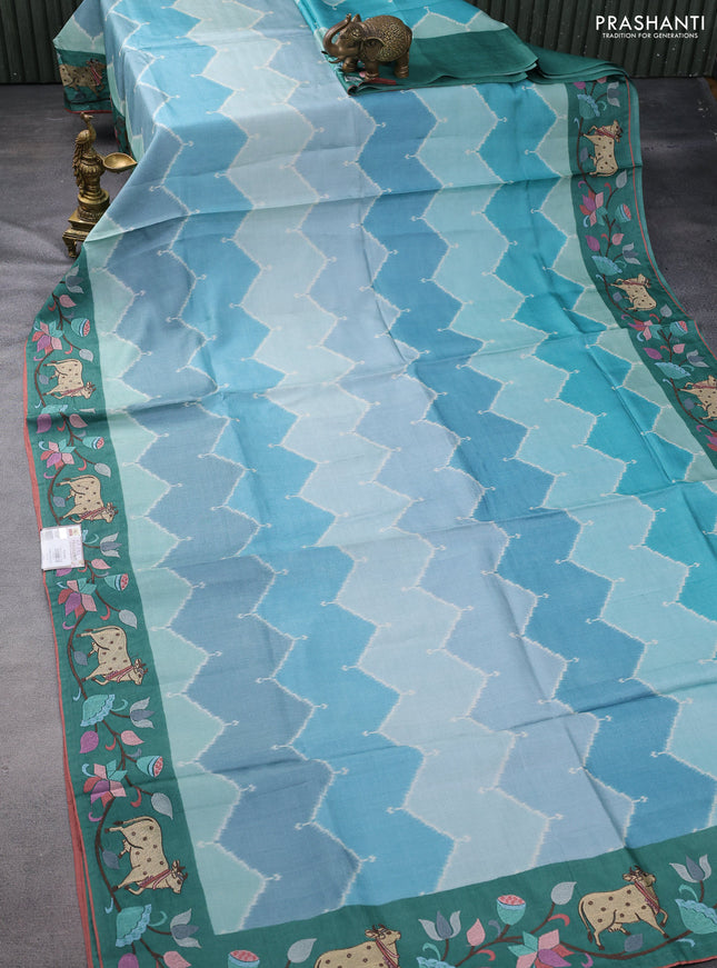 Pure tussar silk saree multi colour and green with allover zig zag ikat prints and pichwai embroidery work border