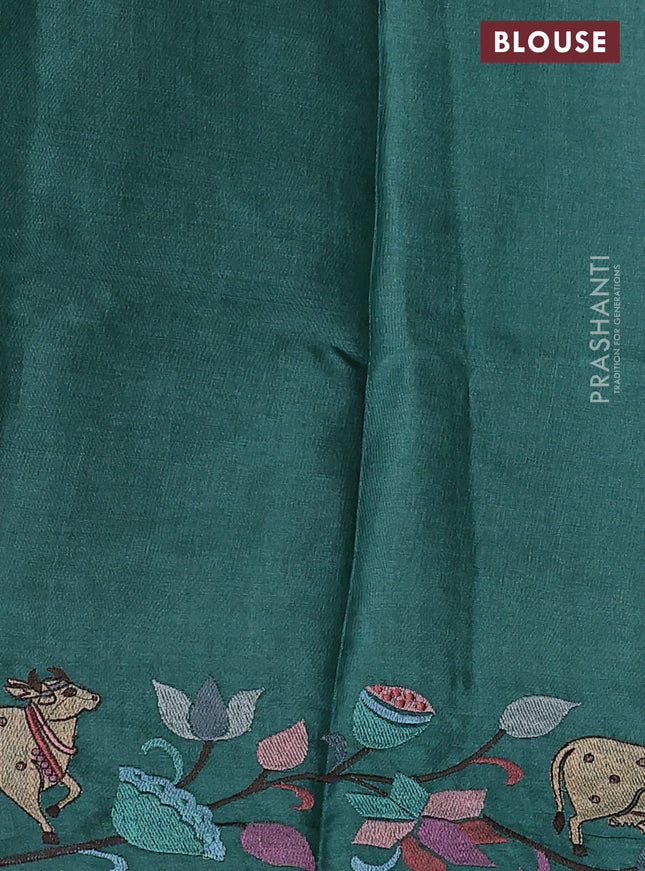 Pure tussar silk saree multi colour and green with allover zig zag ikat prints and pichwai embroidery work border