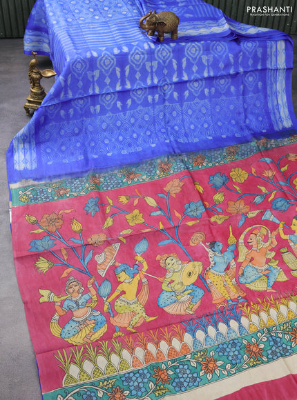 Pure tussar silk saree blue and maroon shade with allover shibori prints and penkalamkari hand painted prints pallu & blouse