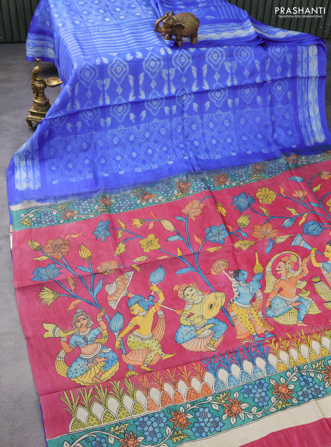 Pure tussar silk saree blue and maroon shade with allover shibori prints and penkalamkari hand painted prints pallu & blouse