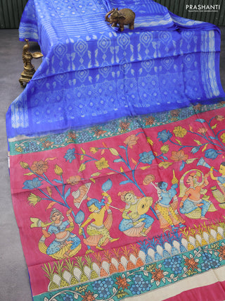 Pure tussar silk saree blue and maroon shade with allover shibori prints and penkalamkari hand painted prints pallu & blouse