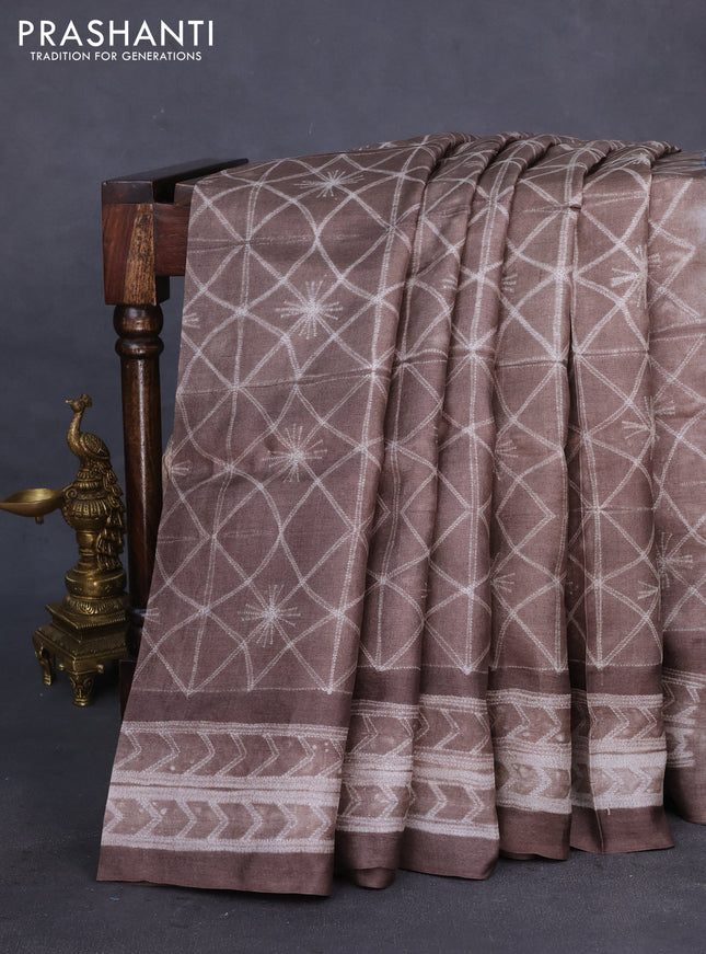 Pure tussar silk saree coffee brown and pink with allover shibori prints and penkalamkari hand painted prints pallu & blouse