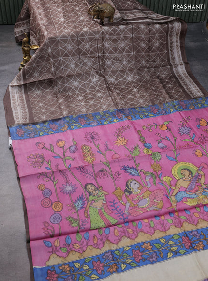 Pure tussar silk saree coffee brown and pink with allover shibori prints and penkalamkari hand painted prints pallu & blouse