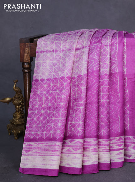 Pure tussar silk saree purple and pastel peach shade with allover shibori prints and penkalamkari hand painted prints pallu & blouse