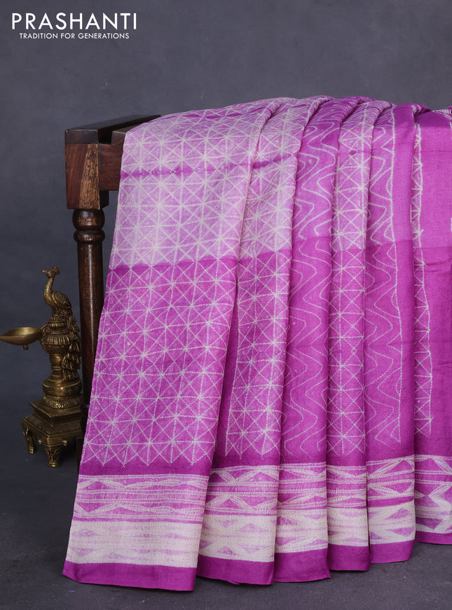 Pure tussar silk saree purple and pastel peach shade with allover shibori prints and penkalamkari hand painted prints pallu & blouse