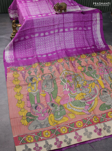 Pure tussar silk saree purple and pastel peach shade with allover shibori prints and penkalamkari hand painted prints pallu & blouse