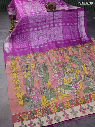 Pure tussar silk saree purple and pastel peach shade with allover shibori prints and penkalamkari hand painted prints pallu & blouse