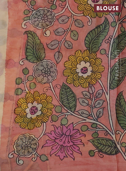 Pure tussar silk saree purple and pastel peach shade with allover shibori prints and penkalamkari hand painted prints pallu & blouse