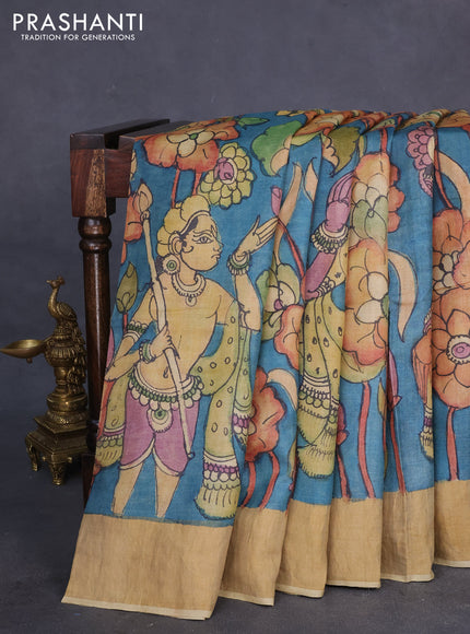 Pure tussar silk saree peacock green and mustard shade with allover penkalamkari prints and zari woven border