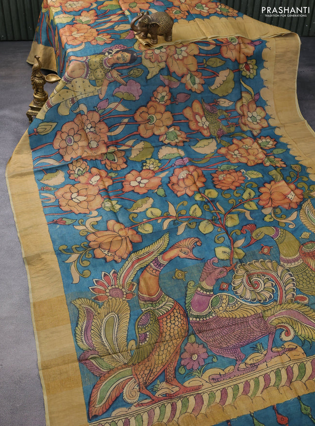 Pure tussar silk saree peacock green and mustard shade with allover penkalamkari prints and zari woven border