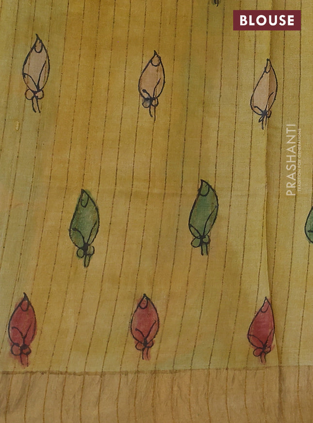 Pure tussar silk saree peacock green and mustard shade with allover penkalamkari prints and zari woven border