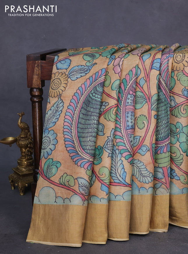 Pure tussar silk saree sandal and blue with allover penkalamkari prints and zari woven border