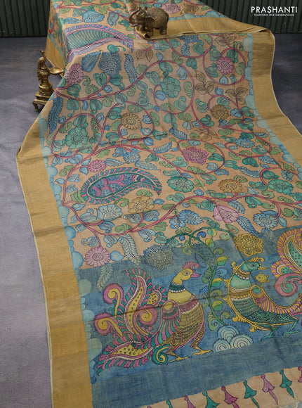 Pure tussar silk saree sandal and blue with allover penkalamkari prints and zari woven border