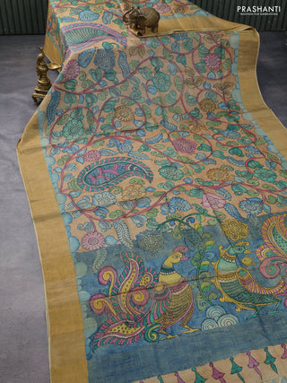 Pure tussar silk saree sandal and blue with allover penkalamkari prints and zari woven border