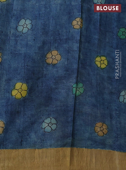 Pure tussar silk saree sandal and blue with allover penkalamkari prints and zari woven border