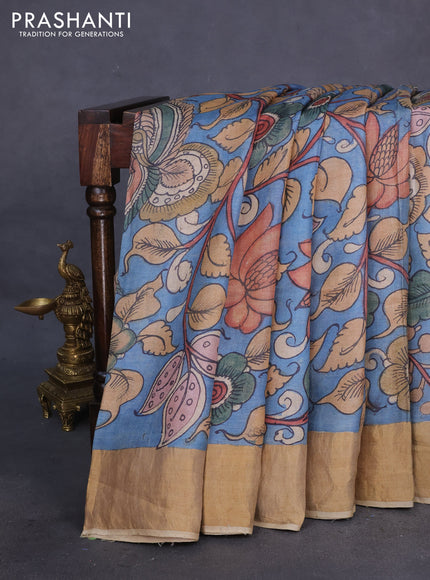 Pure tussar silk saree pastel blue and sandal with allover penkalamkari prints and zari woven border