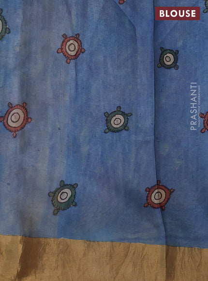 Pure tussar silk saree pastel blue and sandal with allover penkalamkari prints and zari woven border