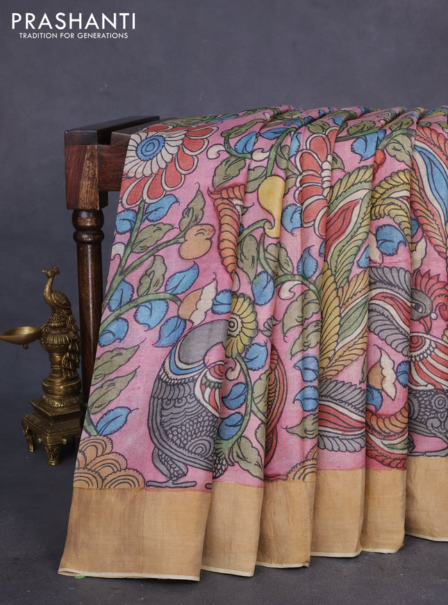 Pure tussar silk saree pastel pink and sandal with allover penkalamkari prints and zari woven border