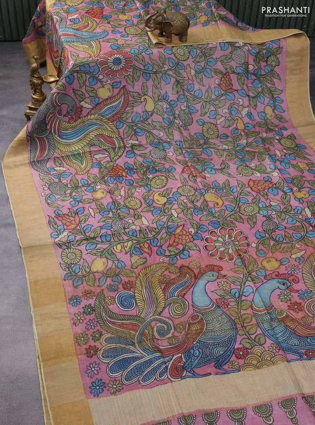 Pure tussar silk saree pastel pink and sandal with allover penkalamkari prints and zari woven border