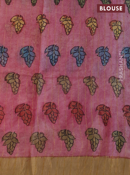 Pure tussar silk saree pastel pink and sandal with allover penkalamkari prints and zari woven border