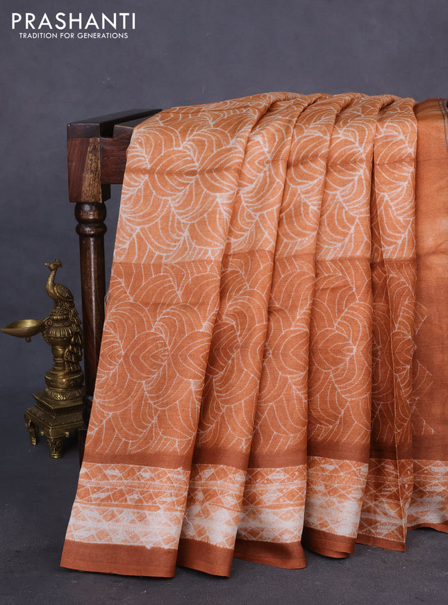 Pure tussar silk saree rust shade and grey with allover shibori prints and pen kalamkari prints pallu & blouse