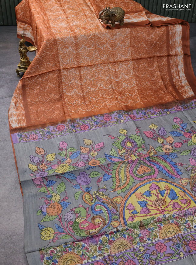 Pure tussar silk saree rust shade and grey with allover shibori prints and pen kalamkari prints pallu & blouse