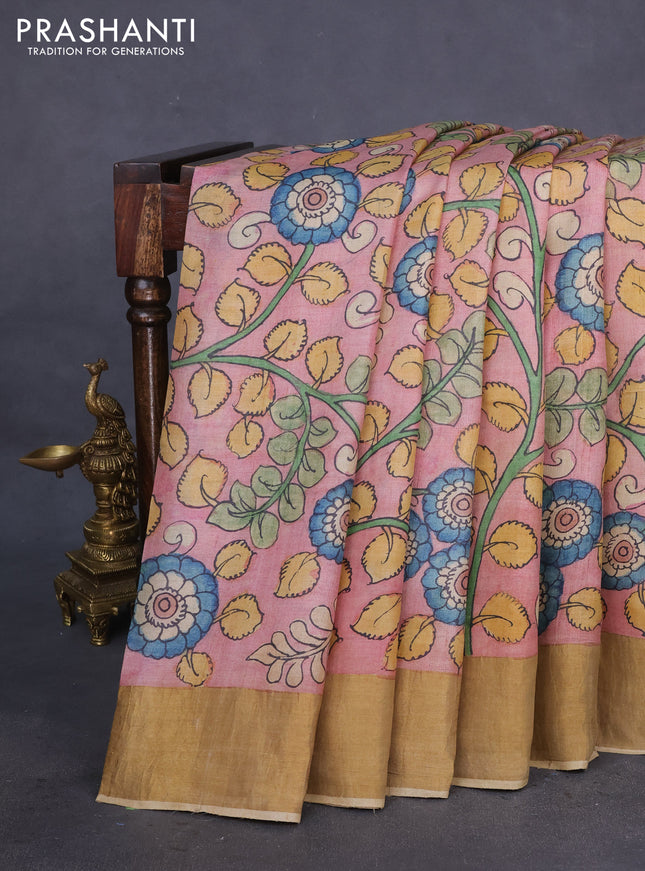 Pure tussar silk saree pastel pink and sandal with allover penkalamkari prints and zari woven border