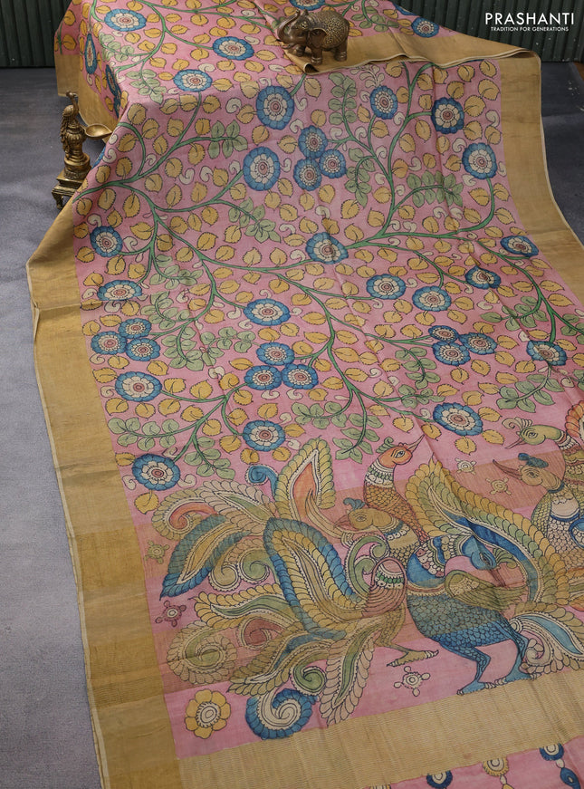 Pure tussar silk saree pastel pink and sandal with allover penkalamkari prints and zari woven border