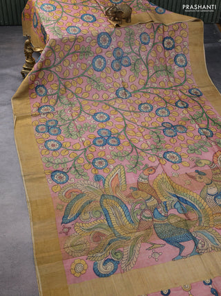 Pure tussar silk saree pastel pink and sandal with allover penkalamkari prints and zari woven border