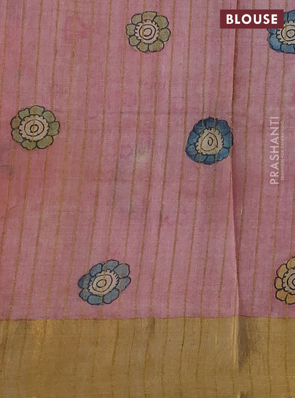 Pure tussar silk saree pastel pink and sandal with allover penkalamkari prints and zari woven border