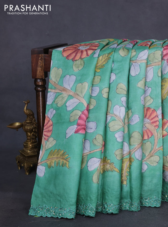 Pure tussar silk saree teal green shade with allover kalamkari prints and embroidery sequin work border