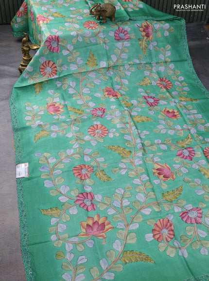 Pure tussar silk saree teal green shade with allover kalamkari prints and embroidery sequin work border
