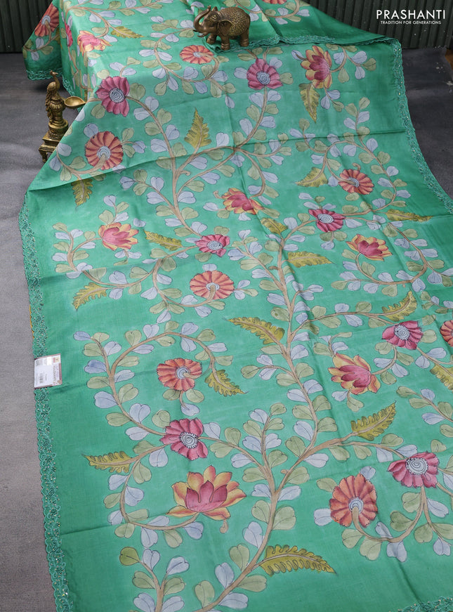 Pure tussar silk saree teal green shade with allover kalamkari prints and embroidery sequin work border