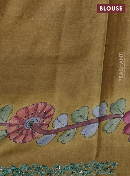 Pure tussar silk saree teal green shade with allover kalamkari prints and embroidery sequin work border