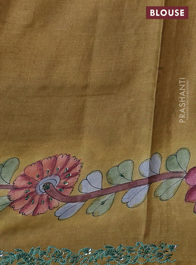 Pure tussar silk saree teal green shade with allover kalamkari prints and embroidery sequin work border
