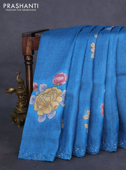 Pure tussar silk saree peacock blue and rust shade with floral hand painted prints and embroidery sequin work border