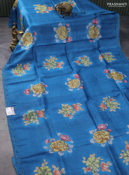 Pure tussar silk saree peacock blue and rust shade with floral hand painted prints and embroidery sequin work border