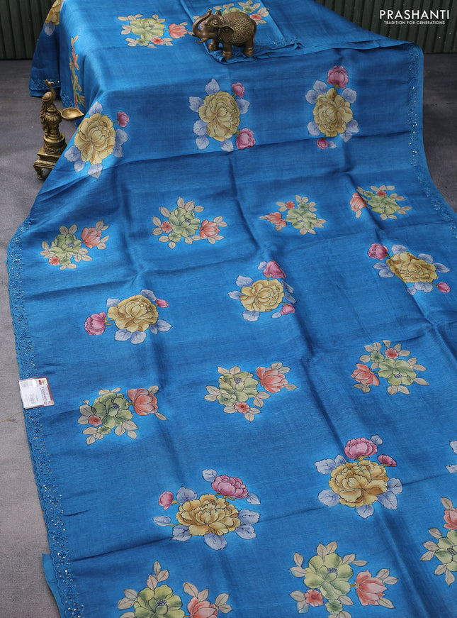 Pure tussar silk saree peacock blue and rust shade with floral hand painted prints and embroidery sequin work border