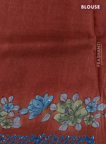 Pure tussar silk saree peacock blue and rust shade with floral hand painted prints and embroidery sequin work border