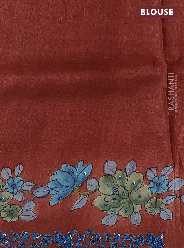 Pure tussar silk saree peacock blue and rust shade with floral hand painted prints and embroidery sequin work border