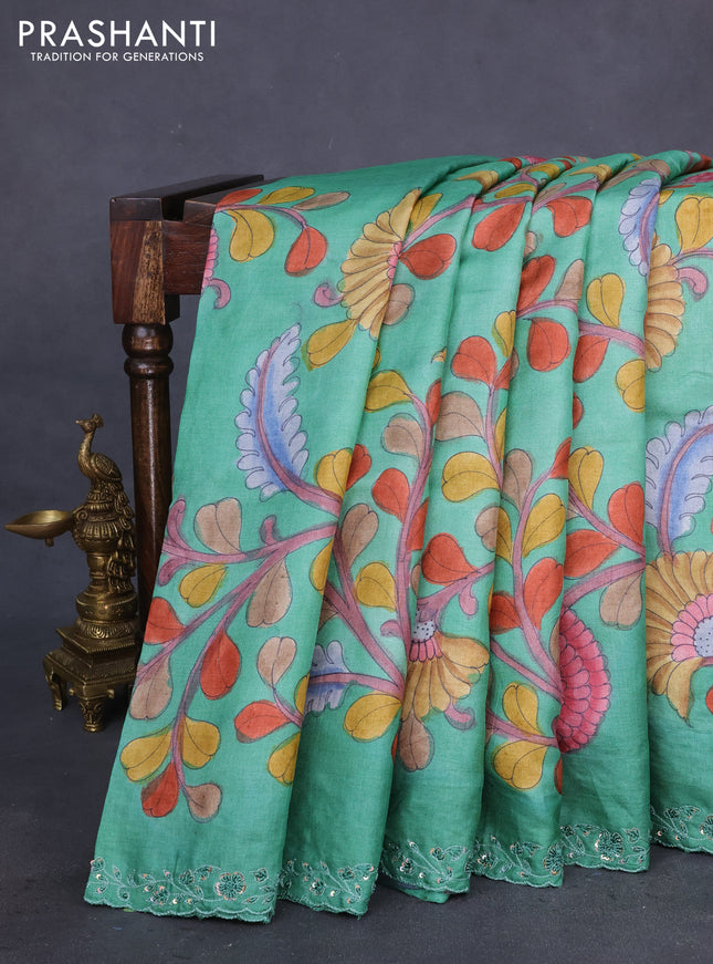 Pure tussar silk saree green with allover kalamkari prints and embroidery sequin work border