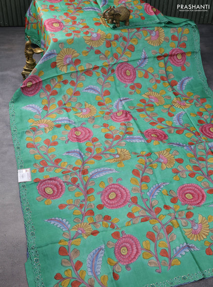 Pure tussar silk saree green with allover kalamkari prints and embroidery sequin work border