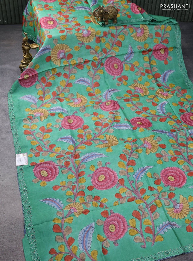 Pure tussar silk saree green with allover kalamkari prints and embroidery sequin work border
