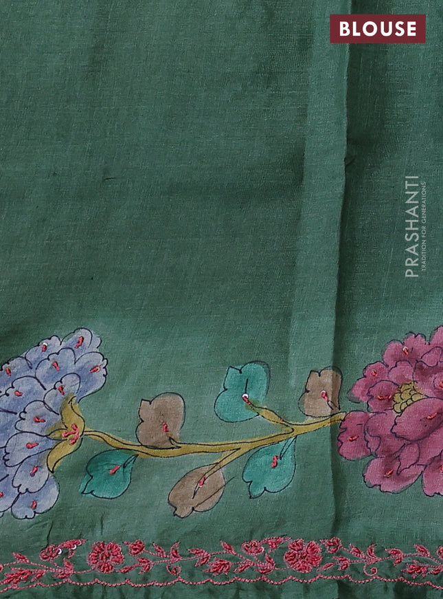 Pure tussar silk saree green with allover kalamkari prints and embroidery sequin work border