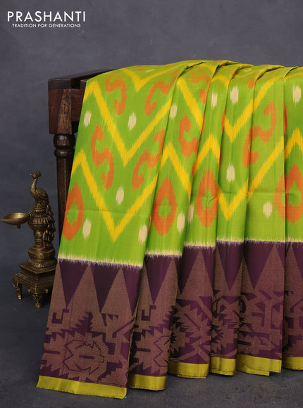 Ikat soft silk saree fluorescent green and wine shade with allover ikat weaves and long zari woven border